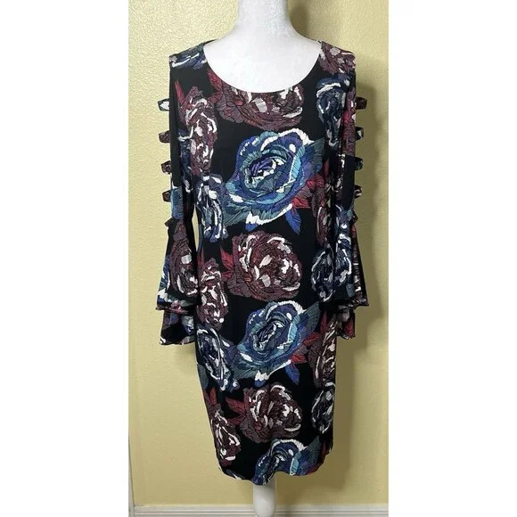 MSK Womens Multicolor Floral Cold Shoulder Bell Sleeve Knee Length Shift Dress L - Picture 3 of 10